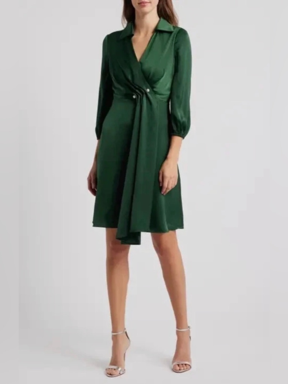 Vince Camuto Green Faux Wrap Collared Satin Mini Dress with Pearl Detail Size 10